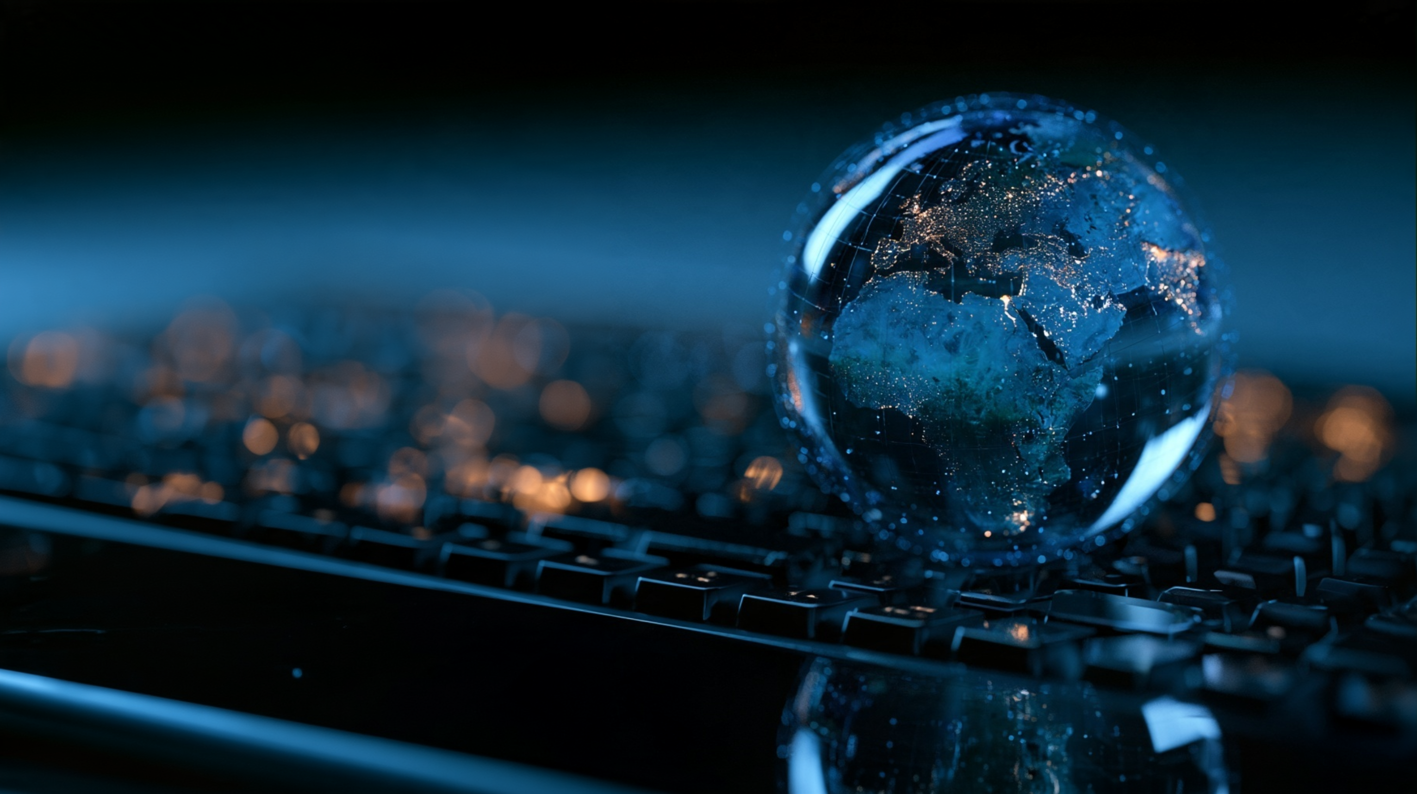 Blue glass globe showing Europe, Africa, and Asia above a keyboard