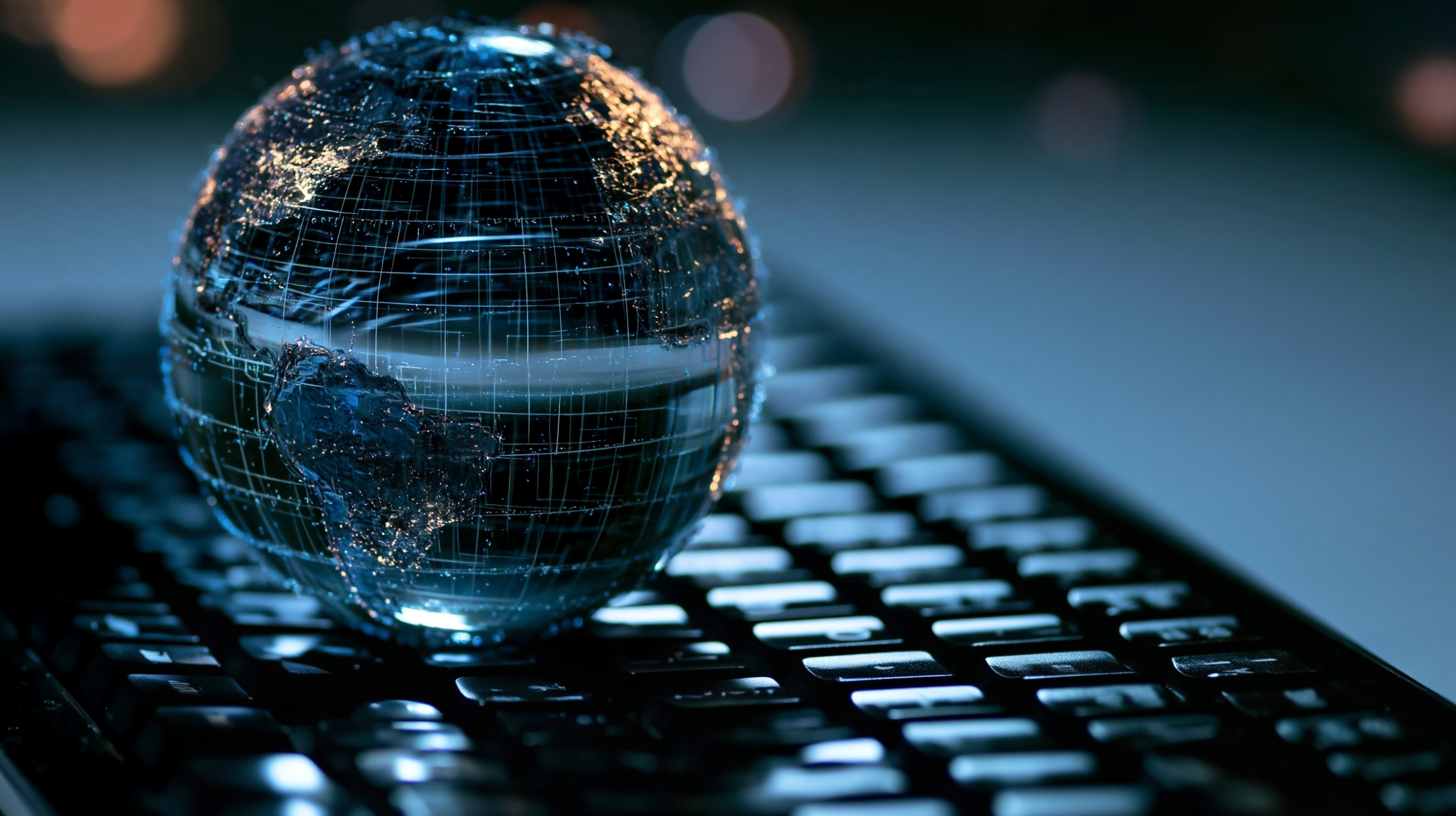 Illuminated blue glass globe resting on a keyboard